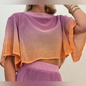 Jen’s Pirate Booty Peach&Purple Ember Ombré Buzzin Mesh Crop Tee Size M/L. NWT.